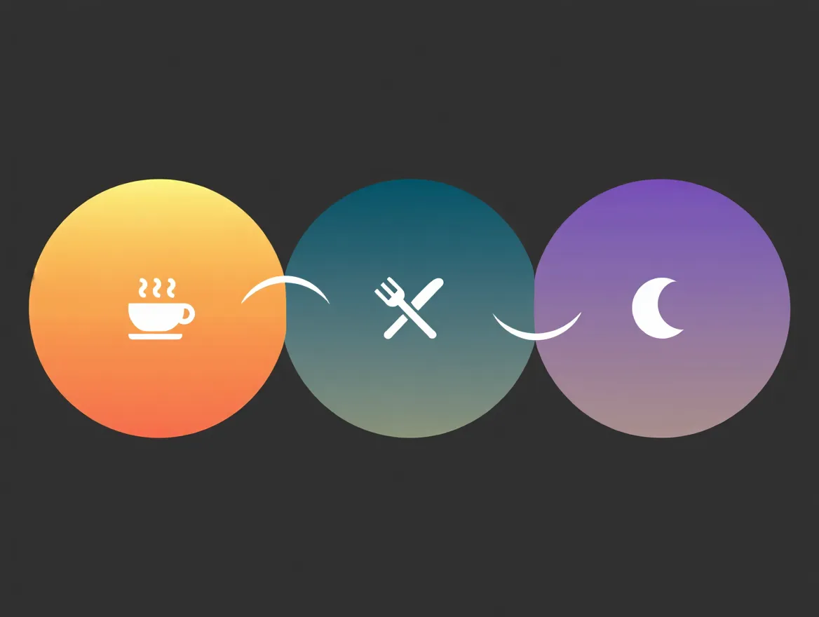 Abstract diagram showing three evenly spaced circles representing morning, midday, and evening meals connected by a gentle line